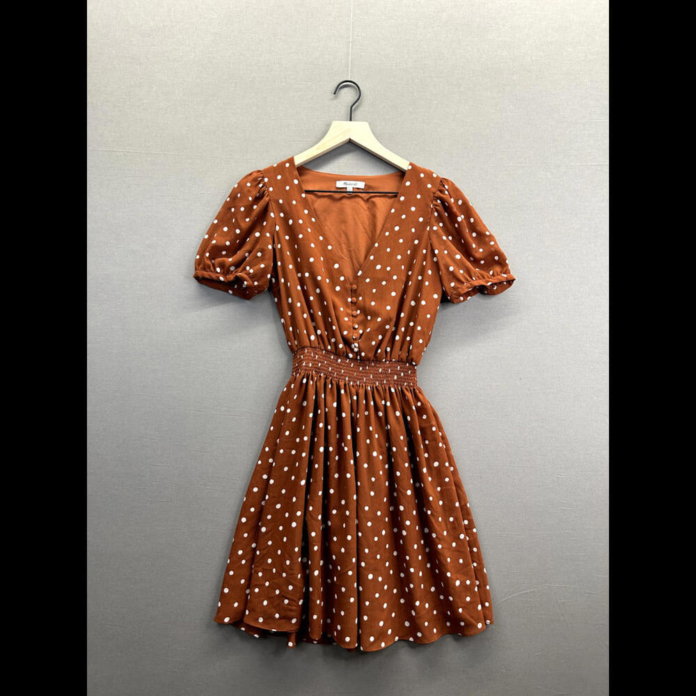 Madewell Womens Brown Fit&Flare Dress PolkaDot Short Sleeve V-Neck Size XXS